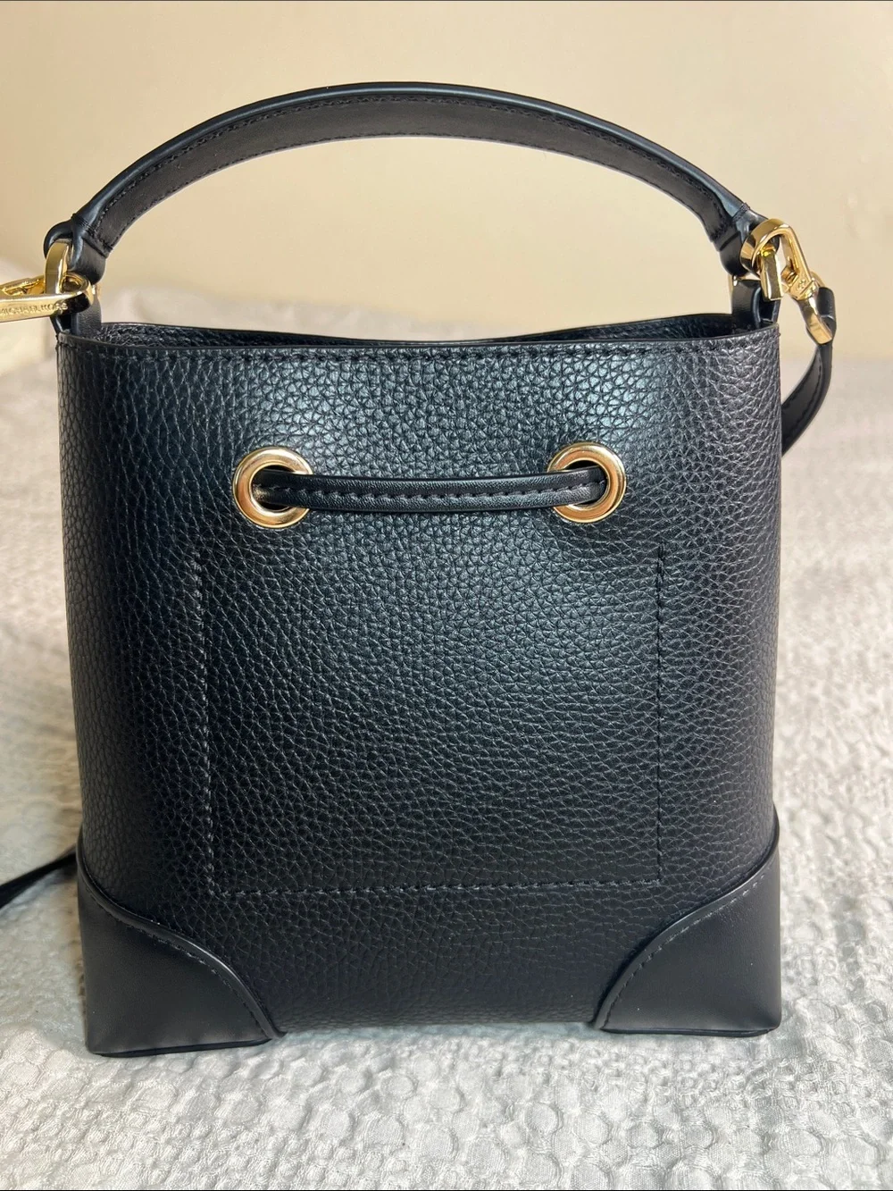 Michael Kors Black Pebbled Leather Drawstring Bucket Crossbody
